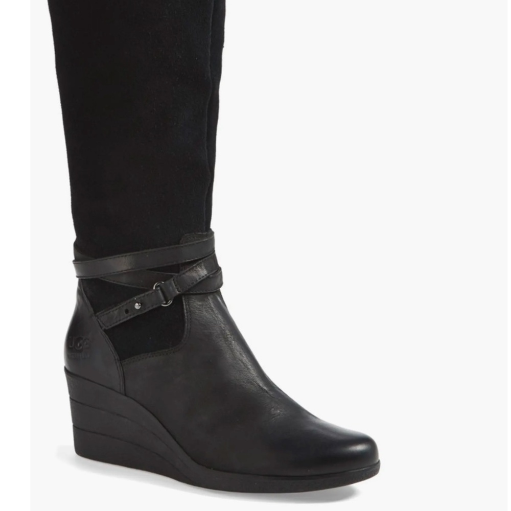 UGG Lesley Black Suede Leather Waterproof Wedge Knee High Boots Size 9